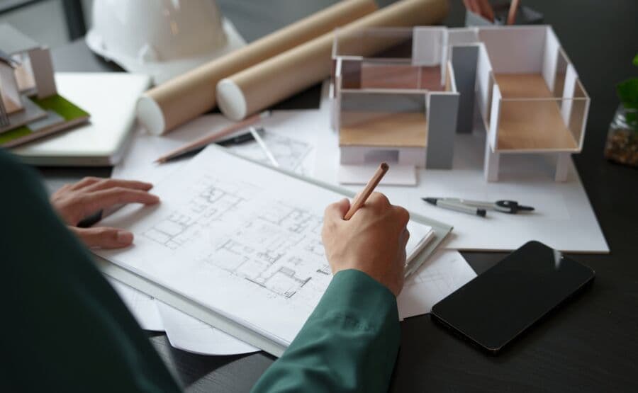 Profissional desenhando planta de arquitetura com maquetes