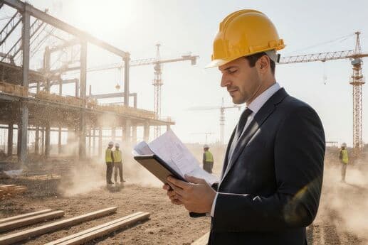 Engenheiro com capacete em obra de construção